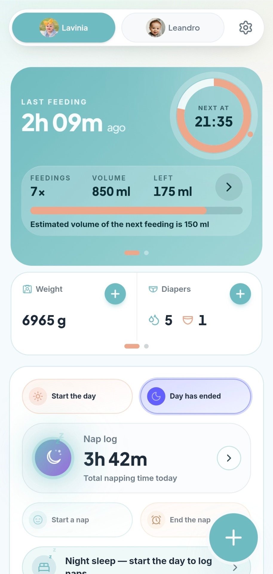 Tottsee dashboard showing time since the last feeding, today's totals, diapers, weight and the next nap